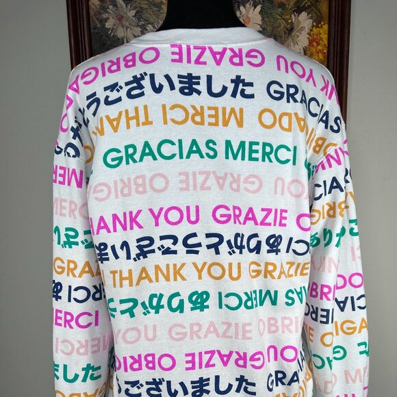 Wound Up Sweatshirt Top Women's Small Multicolor Multilingual Thank You Graphic - Picture 4 of 13